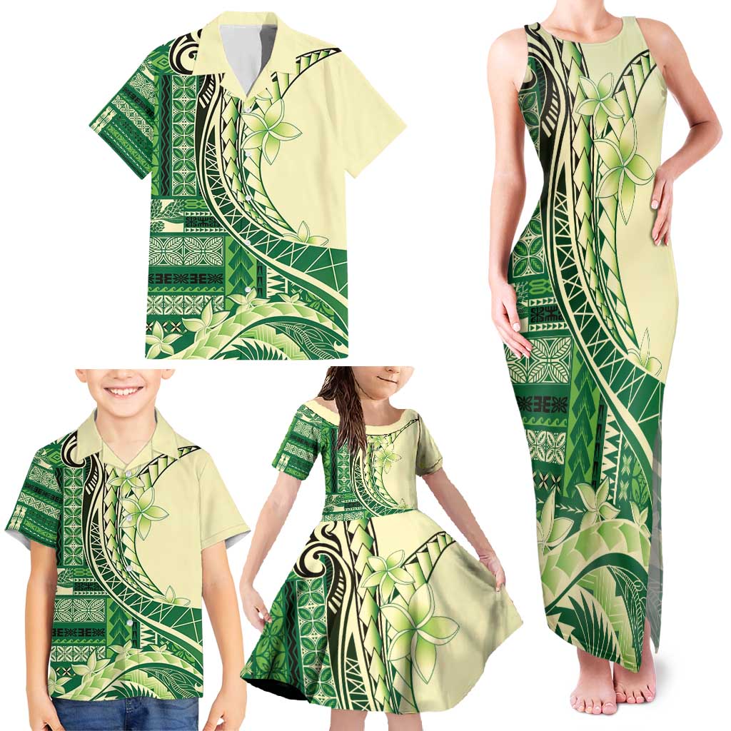 Samoa Siapo Mamanu Family Matching Tank Maxi Dress and Hawaiian Shirt Plumeria Emerald Motifs