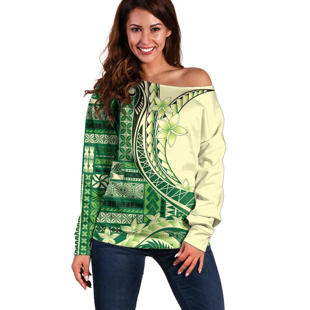 Samoa Siapo Mamanu Off Shoulder Sweater Plumeria Emerald Motifs