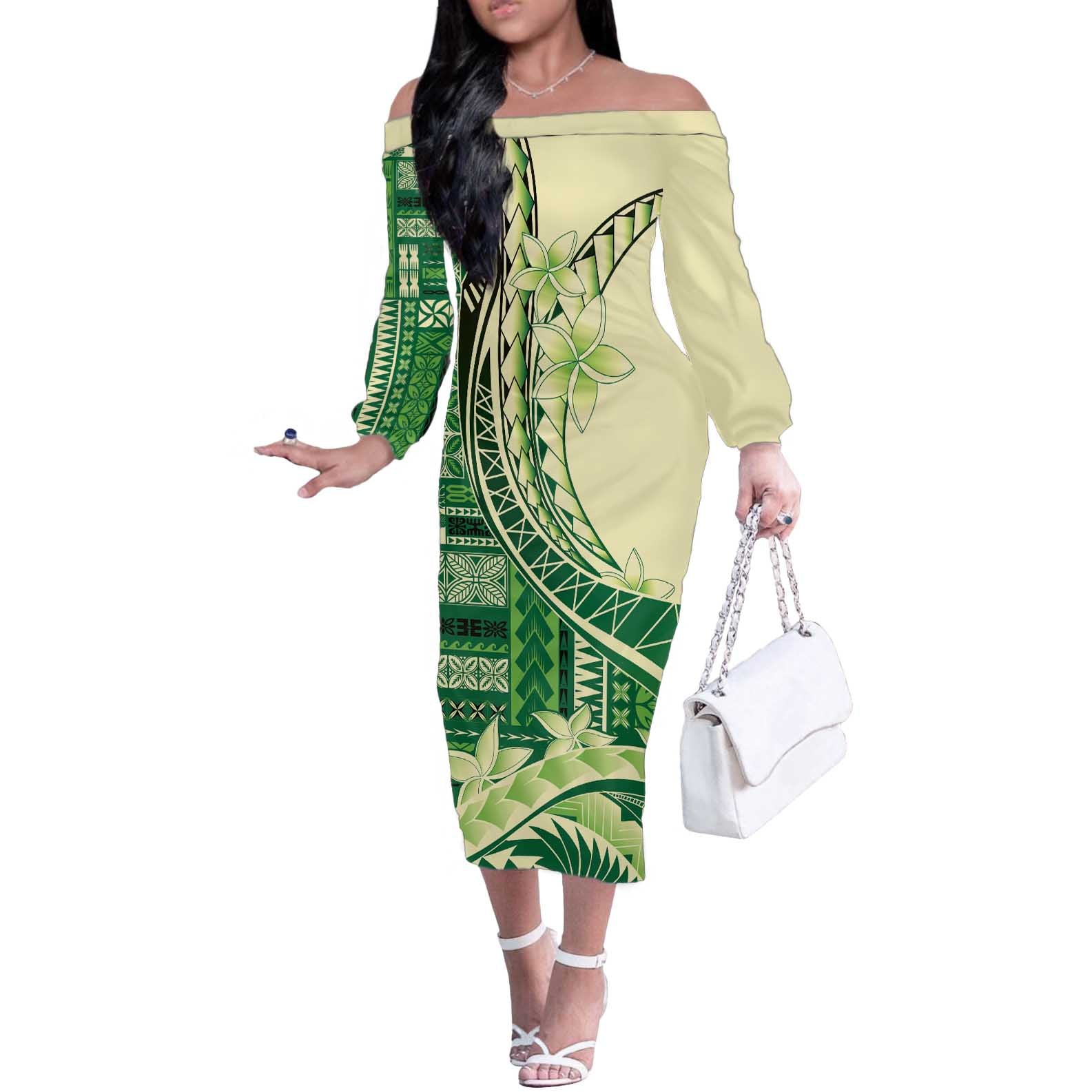 Samoa Siapo Mamanu Off The Shoulder Long Sleeve Dress Plumeria Emerald Motifs