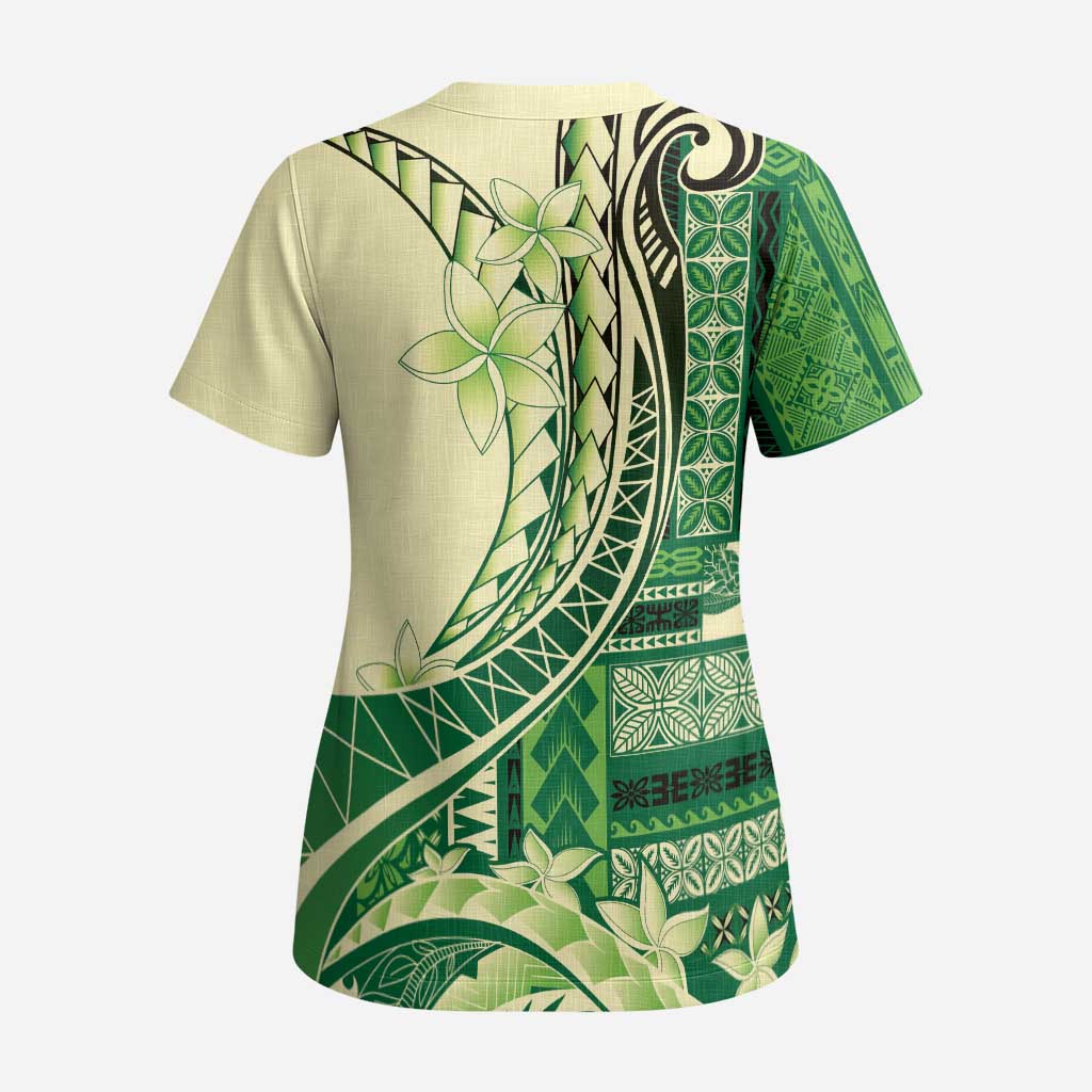Samoa Siapo Mamanu Scrub Top Plumeria Emerald Motifs - Polynesian Pride