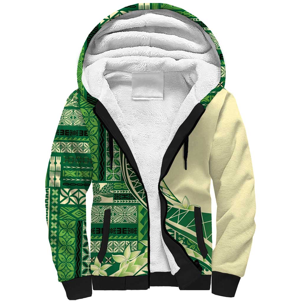 Samoa Siapo Mamanu Sherpa Hoodie Plumeria Emerald Motifs