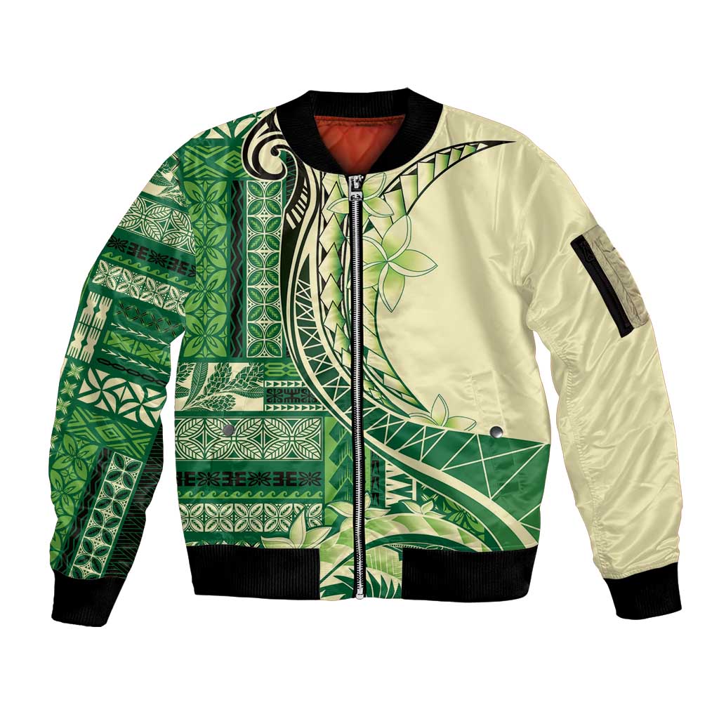 Samoa Siapo Mamanu Sleeve Zip Bomber Jacket Plumeria Emerald Motifs