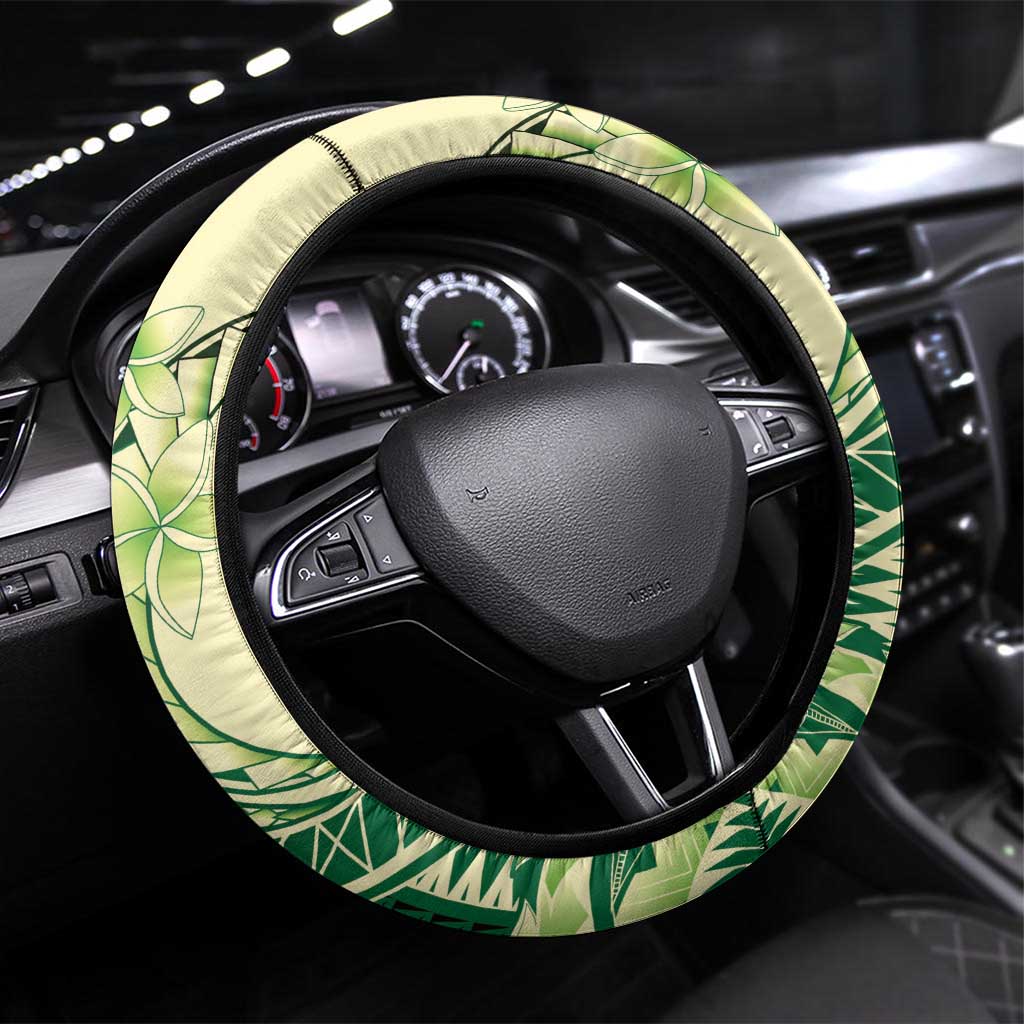 Samoa Siapo Mamanu Steering Wheel Cover Plumeria Emerald Motifs