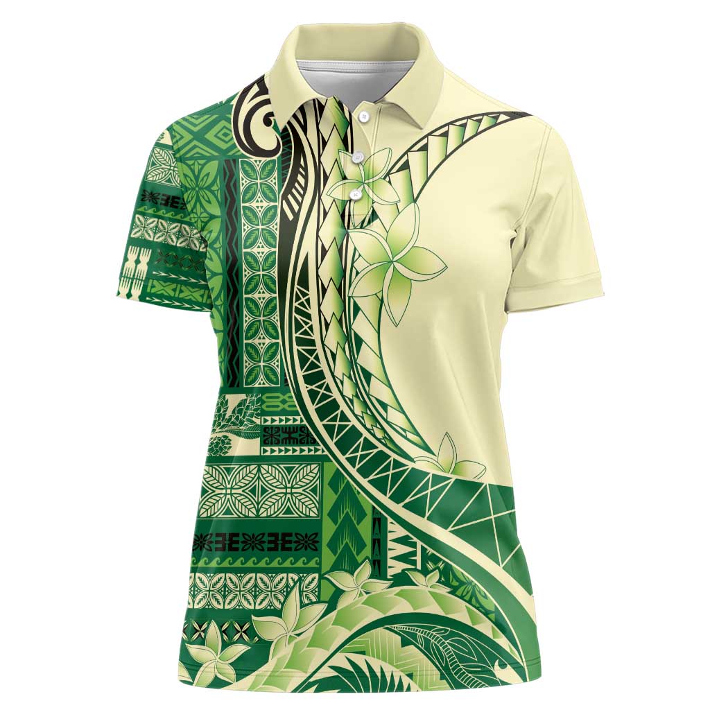 Samoa Siapo Mamanu Women Polo Shirt Plumeria Emerald Motifs