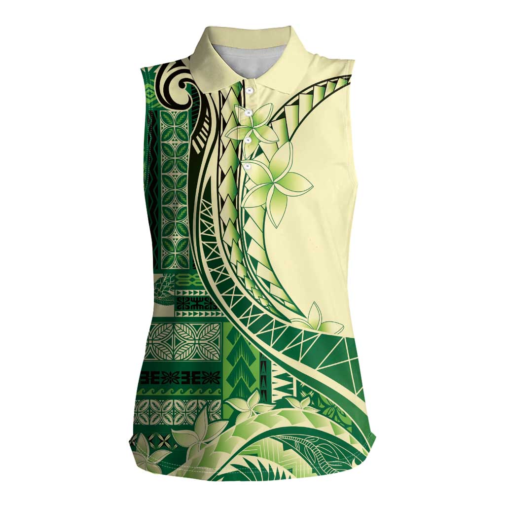 Samoa Siapo Mamanu Women Sleeveless Polo Shirt Plumeria Emerald Motifs