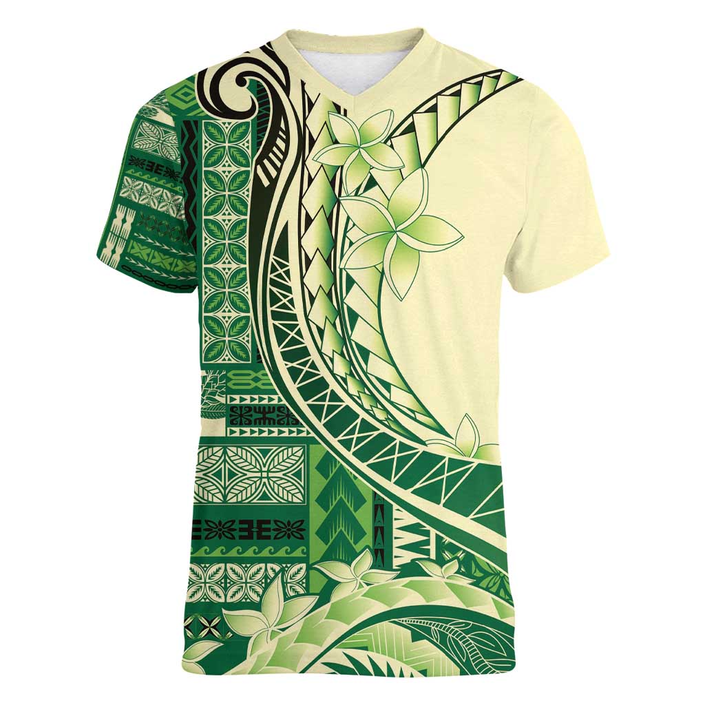 Samoa Siapo Mamanu Women V-Neck T-Shirt Plumeria Emerald Motifs