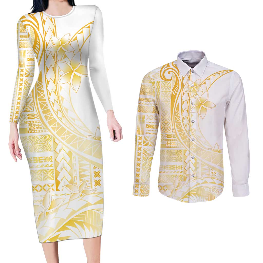 Samoa Siapo Mamanu Couples Matching Long Sleeve Bodycon Dress and Long Sleeve Button Shirt Plumeria Fancy Gold Motifs