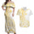 Samoa Siapo Mamanu Couples Matching Off Shoulder Maxi Dress and Hawaiian Shirt Plumeria Fancy Gold Motifs