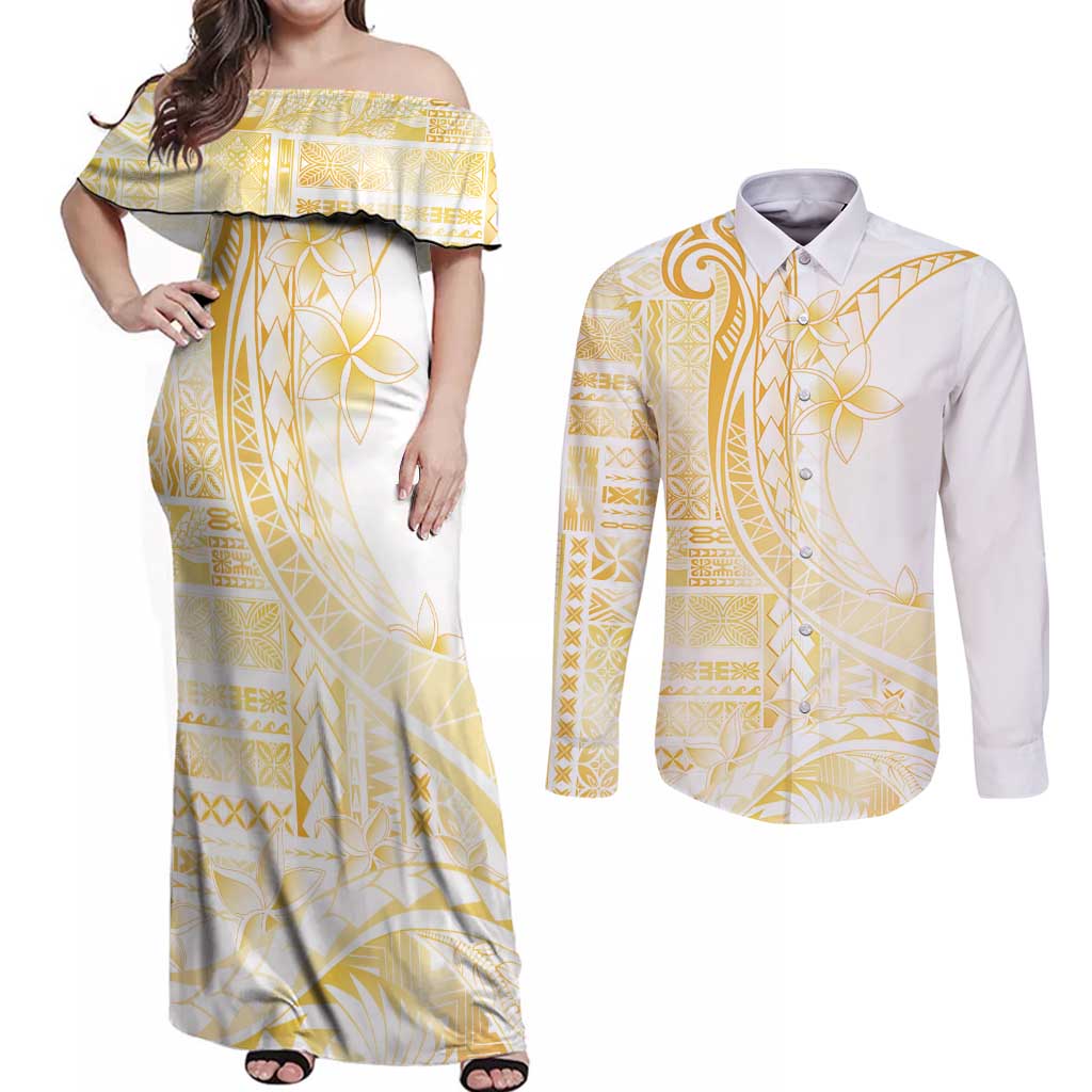 Samoa Siapo Mamanu Couples Matching Off Shoulder Maxi Dress and Long Sleeve Button Shirt Plumeria Fancy Gold Motifs