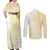 Samoa Siapo Mamanu Couples Matching Off Shoulder Maxi Dress and Long Sleeve Button Shirt Plumeria Fancy Gold Motifs