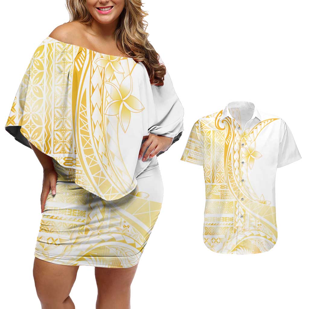 Samoa Siapo Mamanu Couples Matching Off Shoulder Short Dress and Hawaiian Shirt Plumeria Fancy Gold Motifs