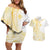 Samoa Siapo Mamanu Couples Matching Off Shoulder Short Dress and Hawaiian Shirt Plumeria Fancy Gold Motifs