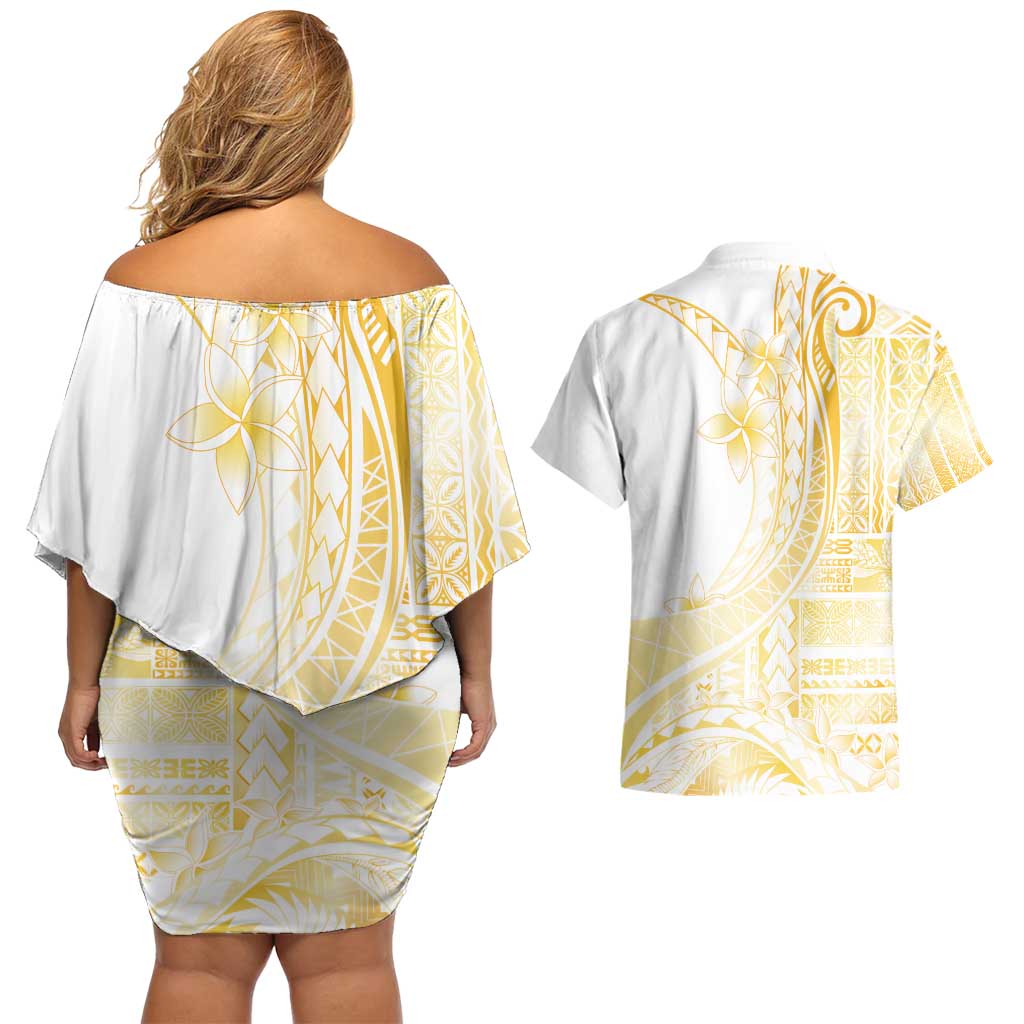 Samoa Siapo Mamanu Couples Matching Off Shoulder Short Dress and Hawaiian Shirt Plumeria Fancy Gold Motifs
