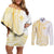 Samoa Siapo Mamanu Couples Matching Off Shoulder Short Dress and Long Sleeve Button Shirt Plumeria Fancy Gold Motifs