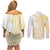 Samoa Siapo Mamanu Couples Matching Off Shoulder Short Dress and Long Sleeve Button Shirt Plumeria Fancy Gold Motifs