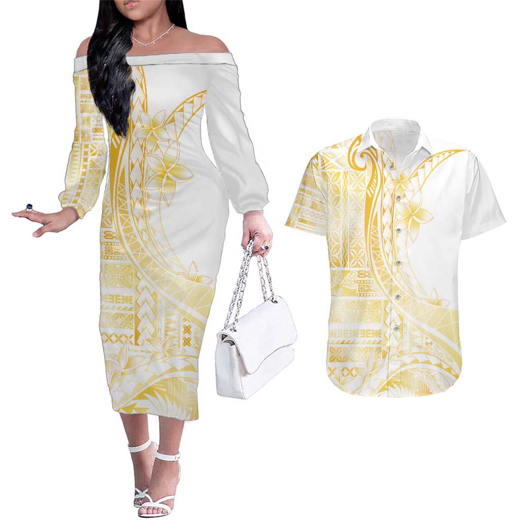 Samoa Siapo Mamanu Couples Matching Off The Shoulder Long Sleeve Dress and Hawaiian Shirt Plumeria Fancy Gold Motifs