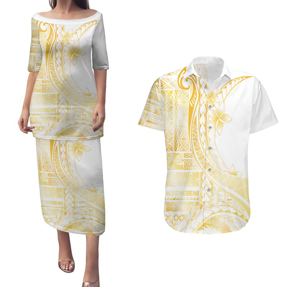 Samoa Siapo Mamanu Couples Matching Puletasi and Hawaiian Shirt Plumeria Fancy Gold Motifs LT7 Gold - Polynesian Pride