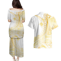 Samoa Siapo Mamanu Couples Matching Puletasi and Hawaiian Shirt Plumeria Fancy Gold Motifs LT7 - Polynesian Pride