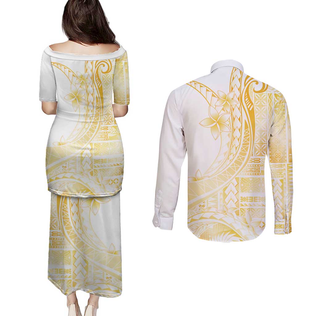 Samoa Siapo Mamanu Couples Matching Puletasi and Long Sleeve Button Shirt Plumeria Fancy Gold Motifs