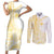 Samoa Siapo Mamanu Couples Matching Short Sleeve Bodycon Dress and Long Sleeve Button Shirt Plumeria Fancy Gold Motifs