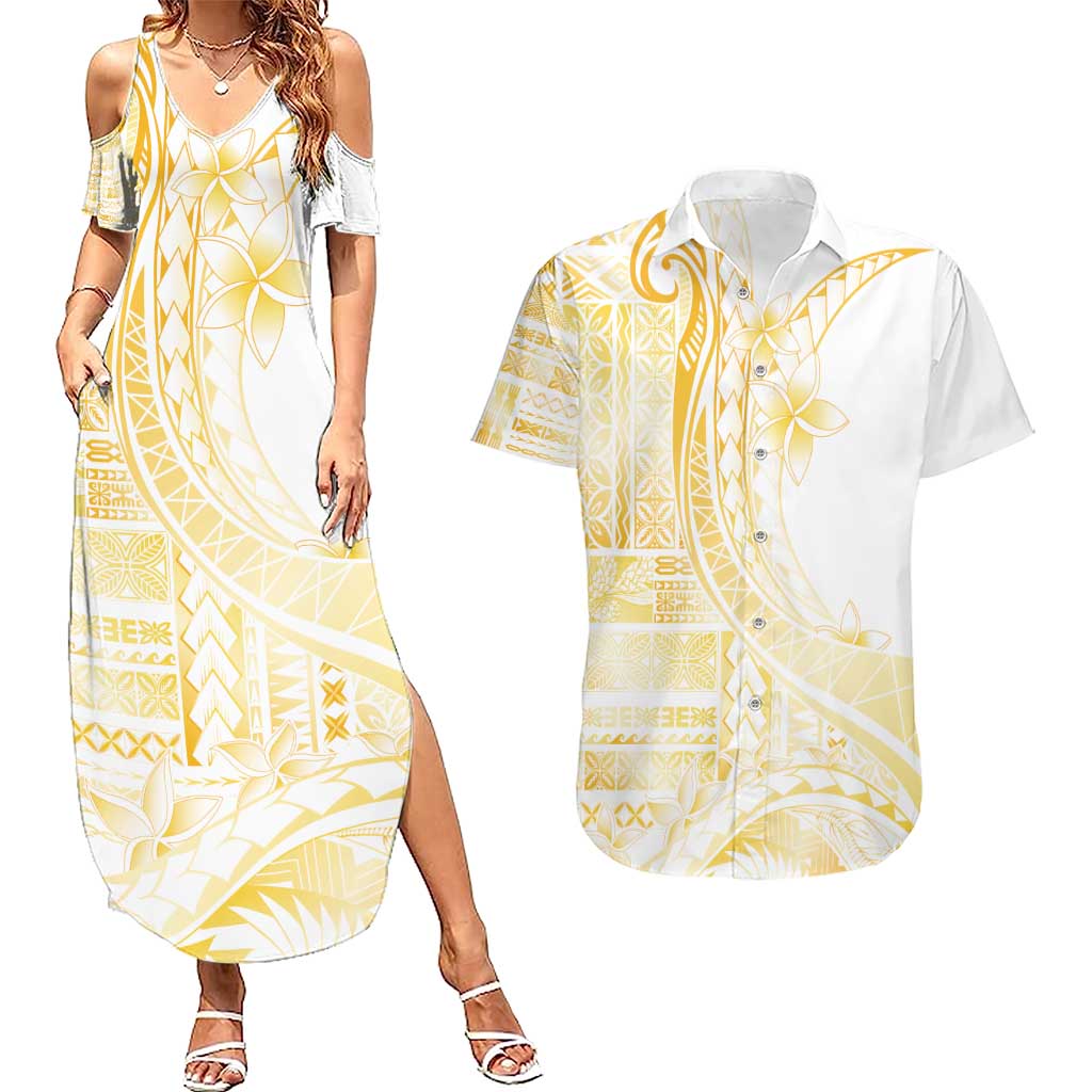 Samoa Siapo Mamanu Couples Matching Summer Maxi Dress and Hawaiian Shirt Plumeria Fancy Gold Motifs