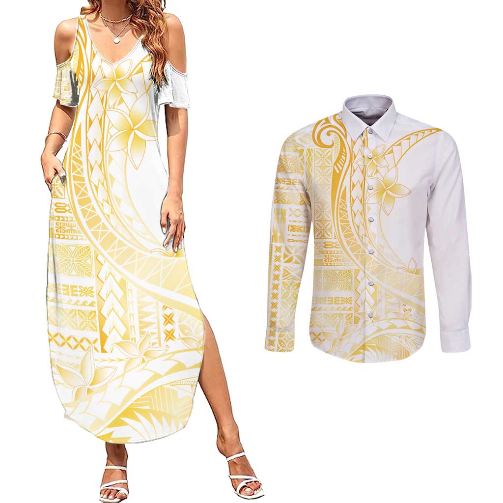 Samoa Siapo Mamanu Couples Matching Summer Maxi Dress and Long Sleeve Button Shirt Plumeria Fancy Gold Motifs