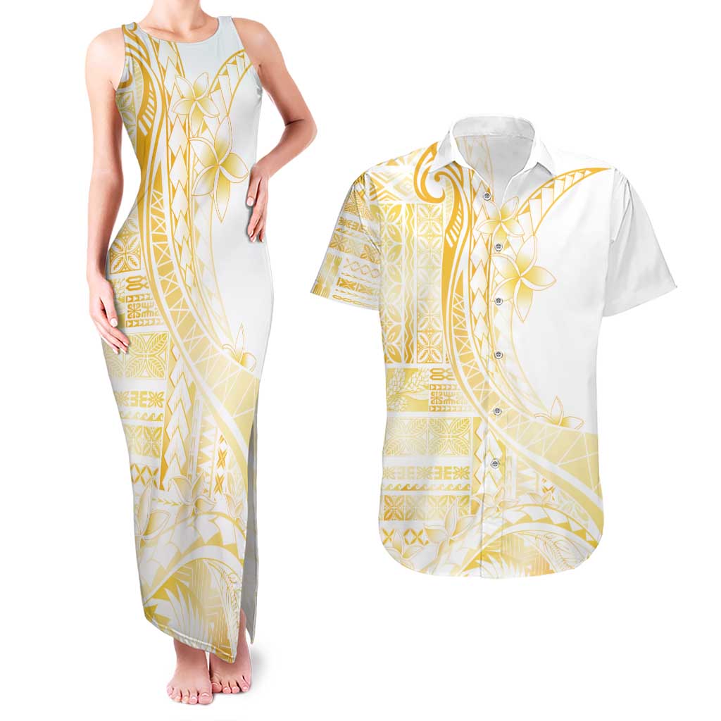 Samoa Siapo Mamanu Couples Matching Tank Maxi Dress and Hawaiian Shirt Plumeria Fancy Gold Motifs