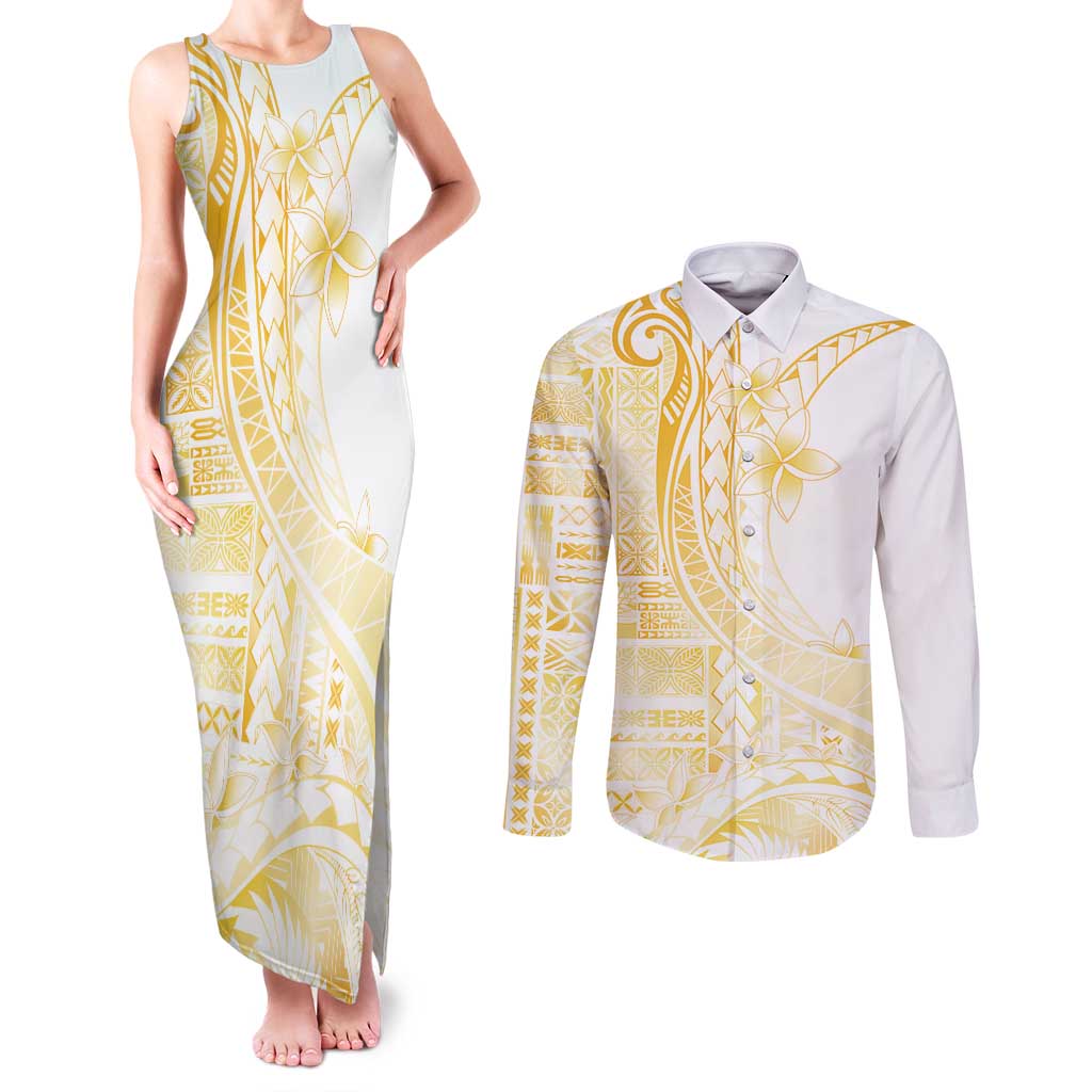 Samoa Siapo Mamanu Couples Matching Tank Maxi Dress and Long Sleeve Button Shirt Plumeria Fancy Gold Motifs