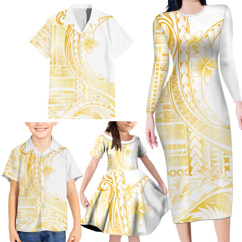 Samoa Siapo Mamanu Family Matching Long Sleeve Bodycon Dress and Hawaiian Shirt Plumeria Fancy Gold Motifs