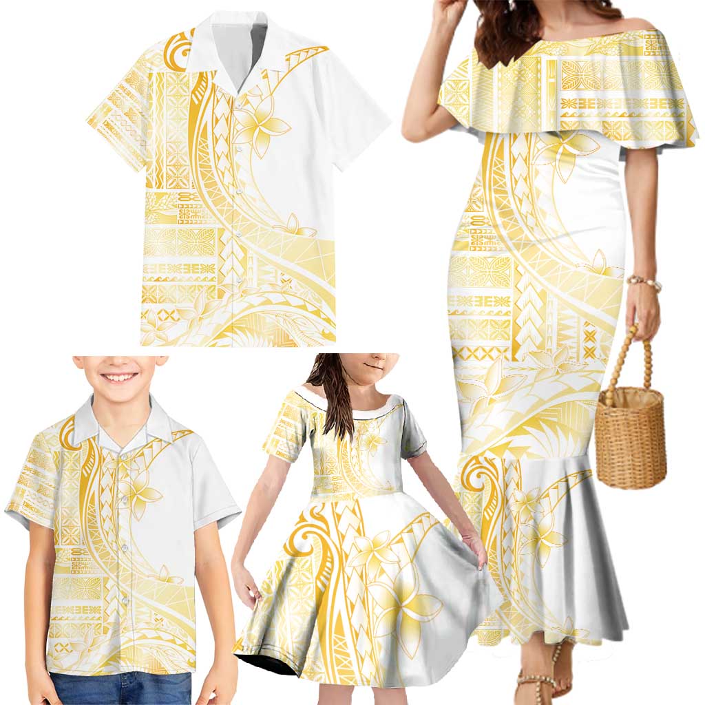 Samoa Siapo Mamanu Family Matching Mermaid Dress and Hawaiian Shirt Plumeria Fancy Gold Motifs