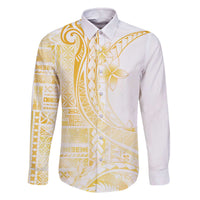 Samoa Siapo Mamanu Family Matching Off The Shoulder Long Sleeve Dress and Hawaiian Shirt Plumeria Fancy Gold Motifs