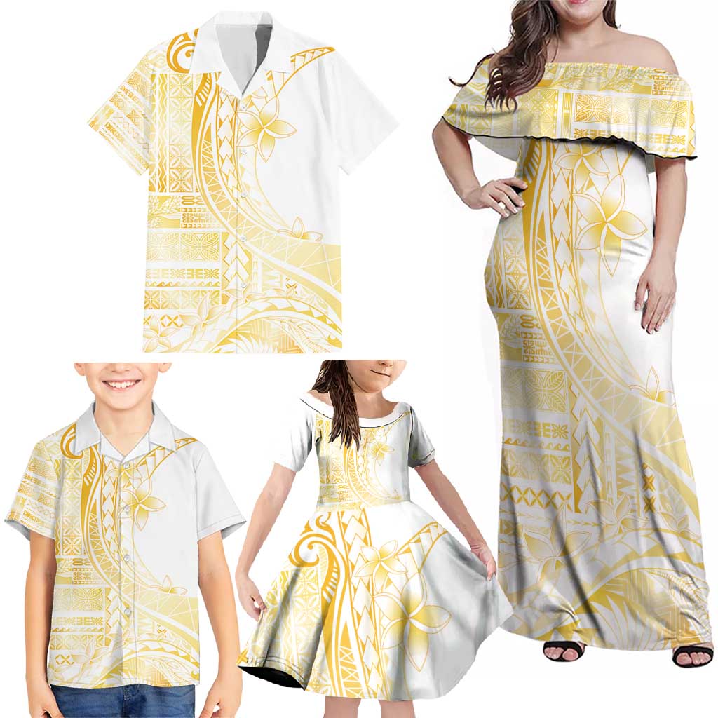 Samoa Siapo Mamanu Family Matching Off Shoulder Maxi Dress and Hawaiian Shirt Plumeria Fancy Gold Motifs