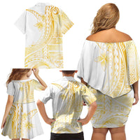 Samoa Siapo Mamanu Family Matching Off Shoulder Short Dress and Hawaiian Shirt Plumeria Fancy Gold Motifs
