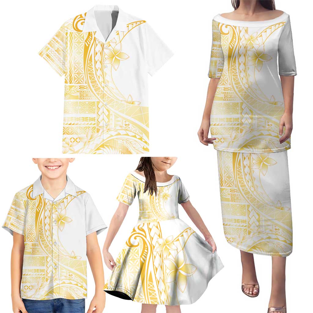 Samoa Siapo Mamanu Family Matching Puletasi and Hawaiian Shirt Plumeria Fancy Gold Motifs