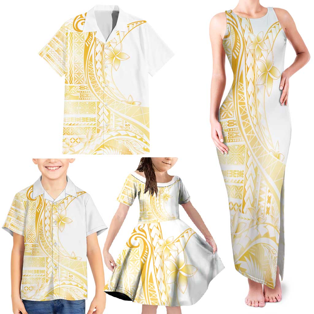 Samoa Siapo Mamanu Family Matching Tank Maxi Dress and Hawaiian Shirt Plumeria Fancy Gold Motifs