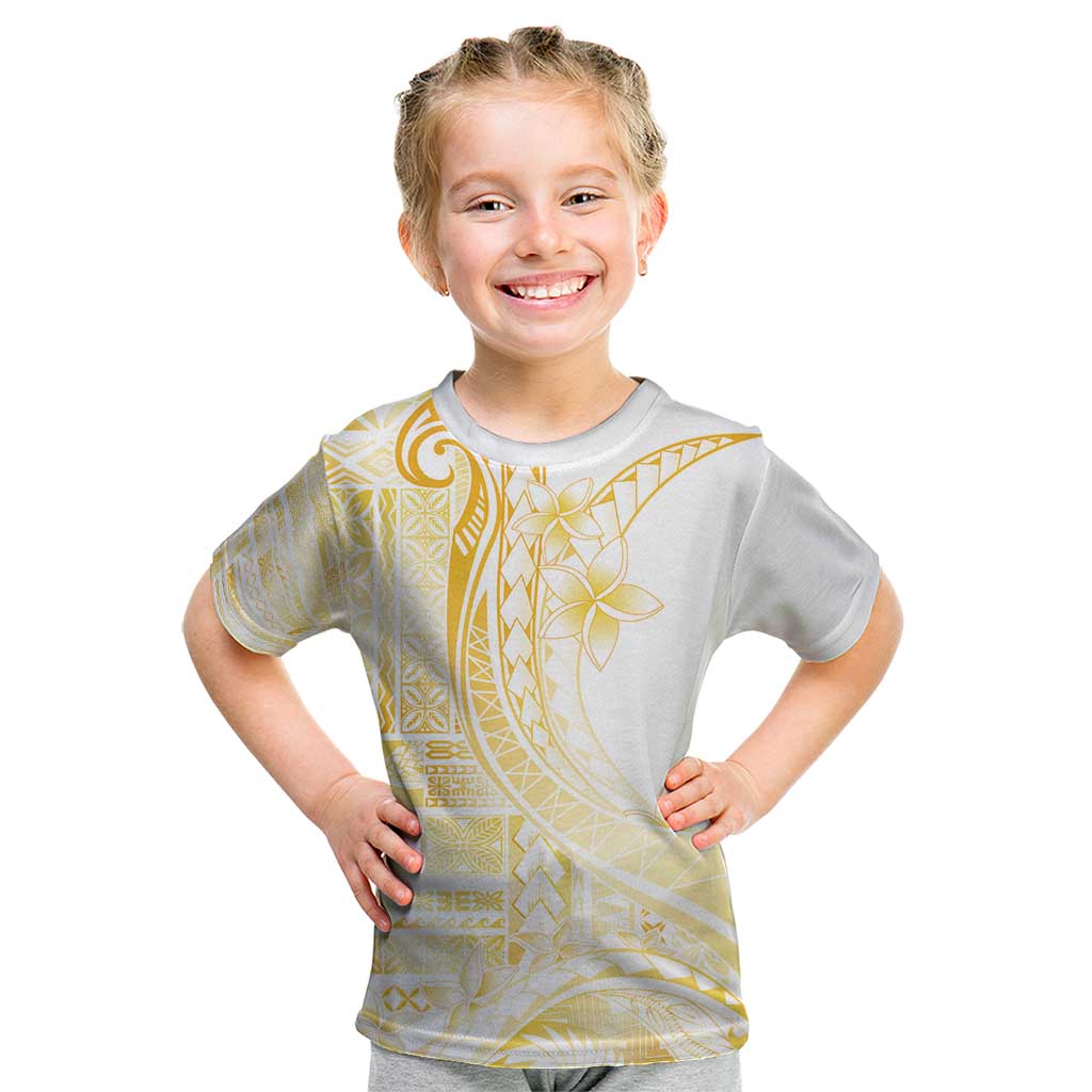 Samoa Siapo Mamanu Kid T Shirt Plumeria Fancy Gold Motifs