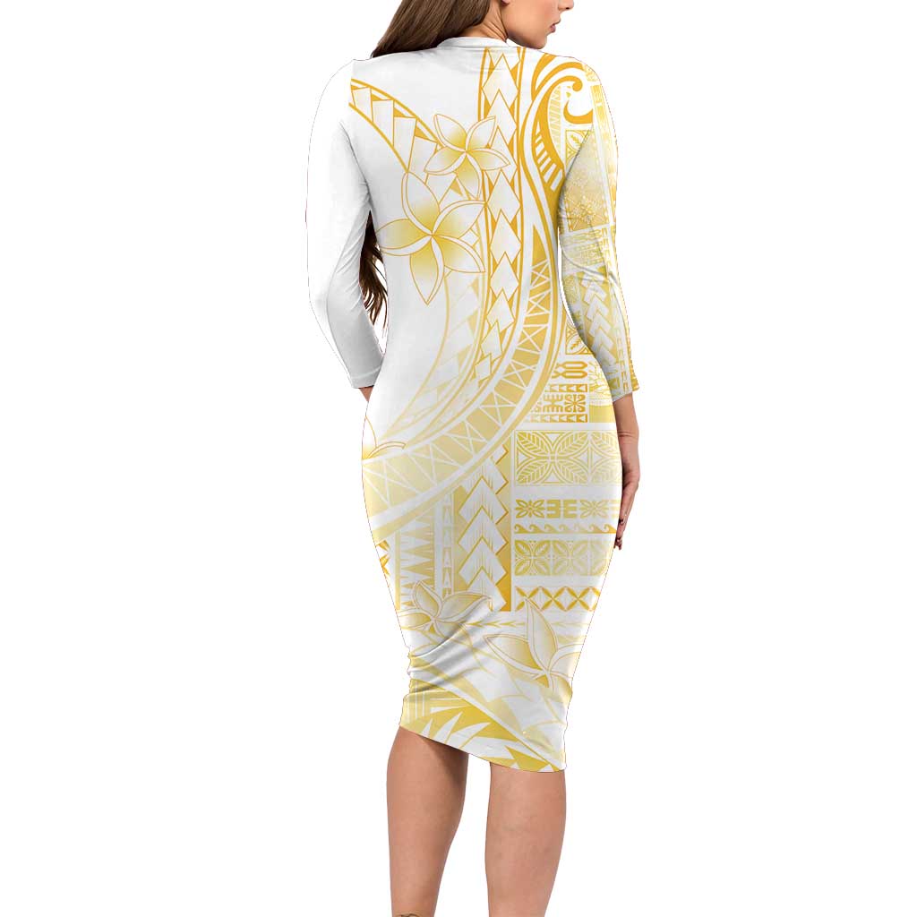 Samoa Siapo Mamanu Long Sleeve Bodycon Dress Plumeria Fancy Gold Motifs LT7 - Polynesian Pride