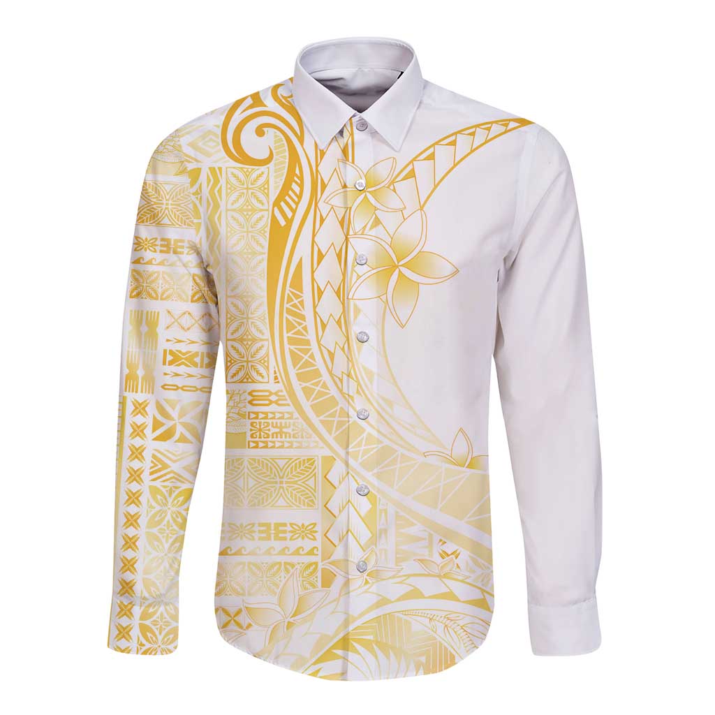 Samoa Siapo Mamanu Long Sleeve Button Shirt Plumeria Fancy Gold Motifs