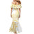 Samoa Siapo Mamanu Mermaid Dress Plumeria Fancy Gold Motifs