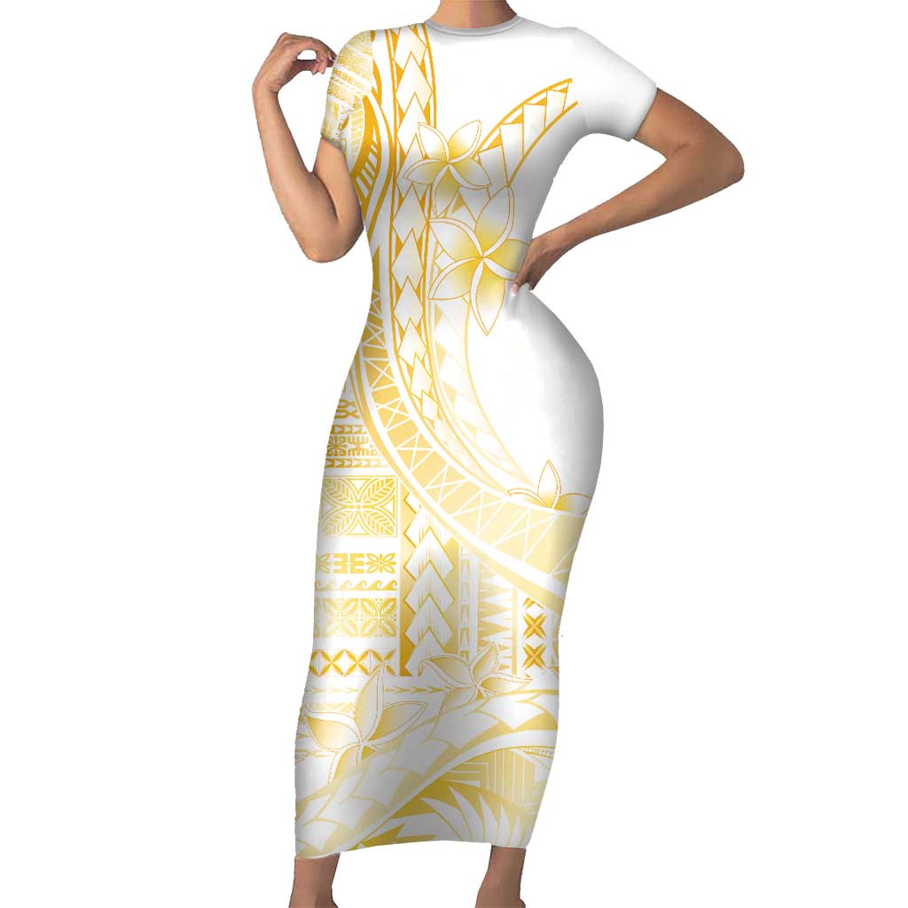 Samoa Siapo Mamanu Short Sleeve Bodycon Dress Plumeria Fancy Gold Motifs