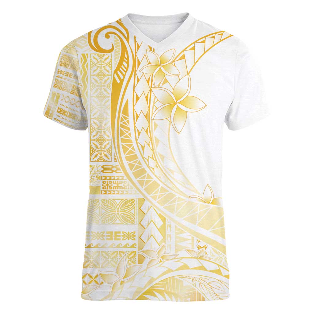 Samoa Siapo Mamanu Women V-Neck T-Shirt Plumeria Fancy Gold Motifs