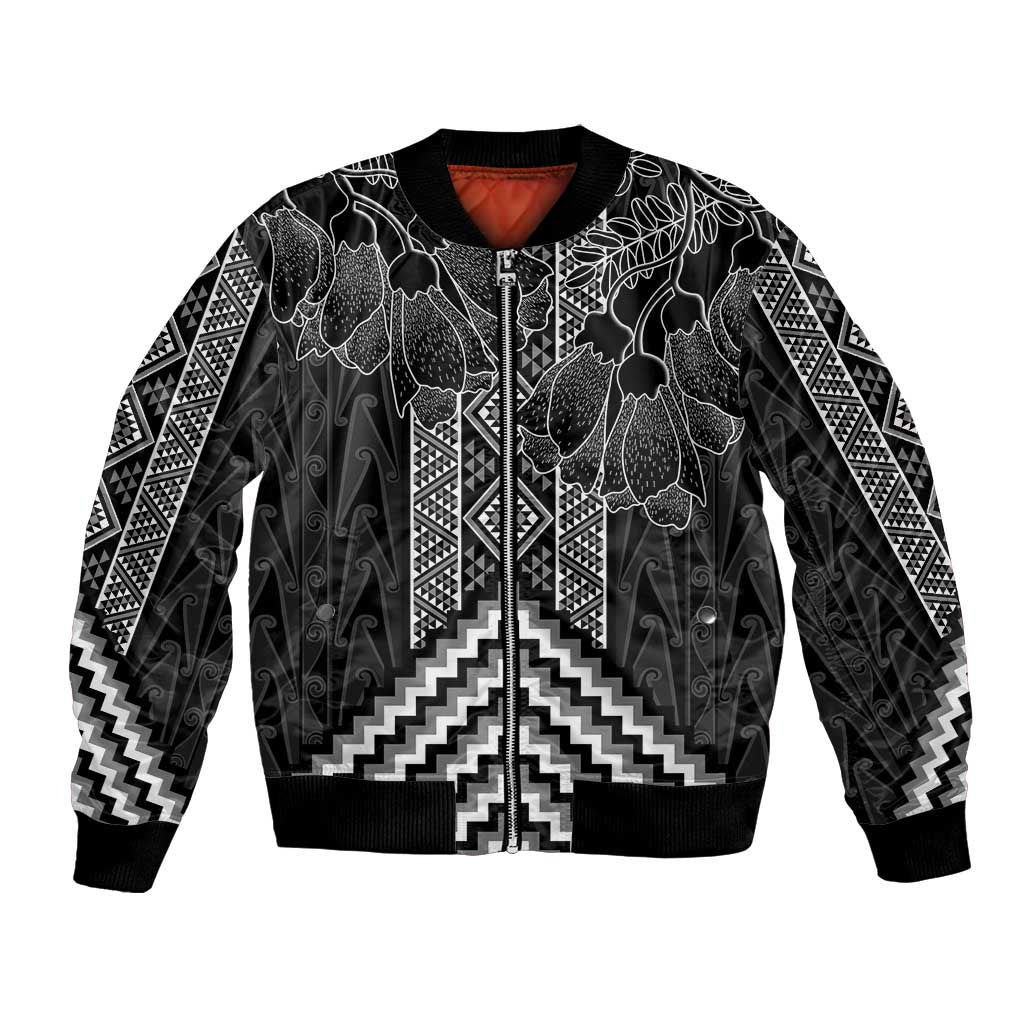 Aotearoa Taniko Pattern Bomber Jacket Poutama Mix Kowhai Flowers LT7 Unisex Grey - Polynesian Pride