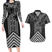 Aotearoa Taniko Pattern Couples Matching Long Sleeve Bodycon Dress and Hawaiian Shirt Poutama Mix Kowhai Flowers LT7 Grey - Polynesian Pride