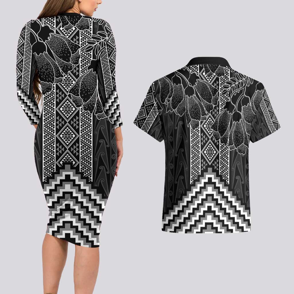 Aotearoa Taniko Pattern Couples Matching Long Sleeve Bodycon Dress and Hawaiian Shirt Poutama Mix Kowhai Flowers LT7 - Polynesian Pride
