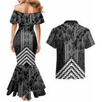 Aotearoa Taniko Pattern Couples Matching Mermaid Dress and Hawaiian Shirt Poutama Mix Kowhai Flowers LT7 - Polynesian Pride