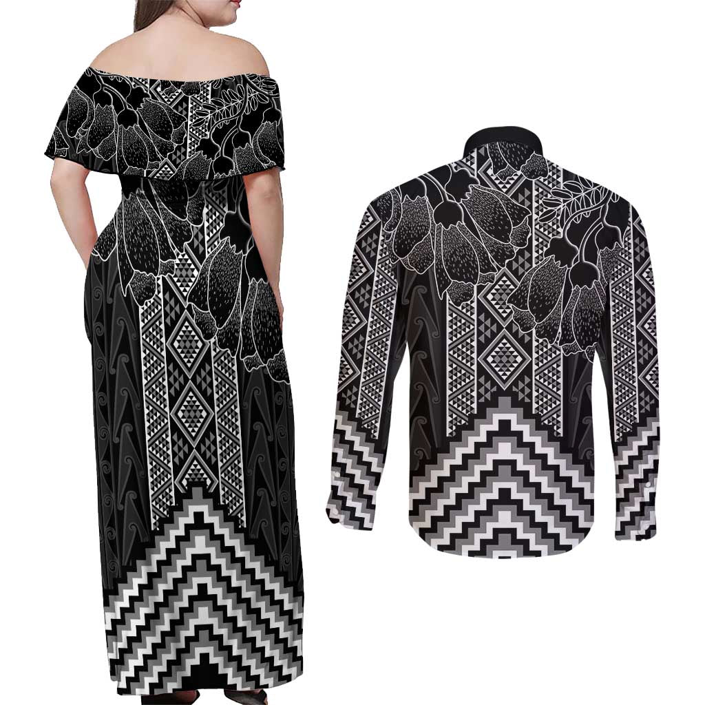 Aotearoa Taniko Pattern Couples Matching Off Shoulder Maxi Dress and Long Sleeve Button Shirt Poutama Mix Kowhai Flowers