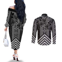 Aotearoa Taniko Pattern Couples Matching Off The Shoulder Long Sleeve Dress and Long Sleeve Button Shirt Poutama Mix Kowhai Flowers LT7 - Polynesian Pride