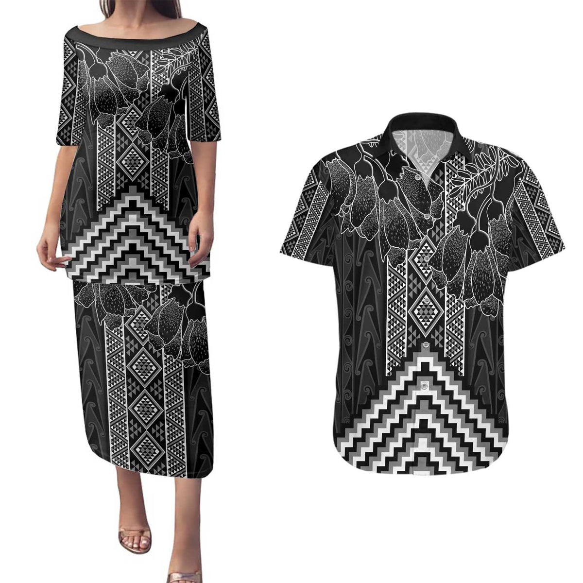 Aotearoa Taniko Pattern Couples Matching Puletasi and Hawaiian Shirt Poutama Mix Kowhai Flowers