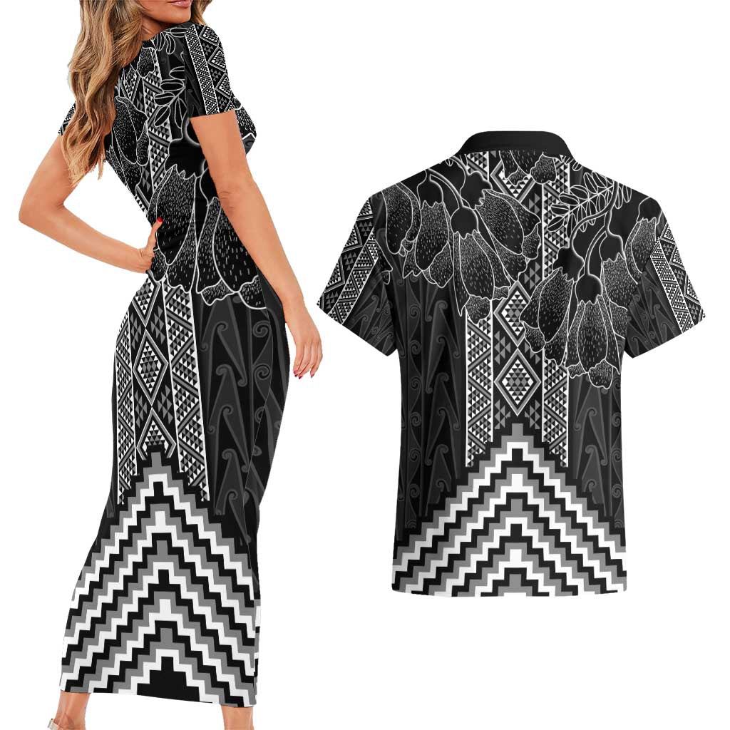 Aotearoa Taniko Pattern Couples Matching Short Sleeve Bodycon Dress and Hawaiian Shirt Poutama Mix Kowhai Flowers LT7 - Polynesian Pride