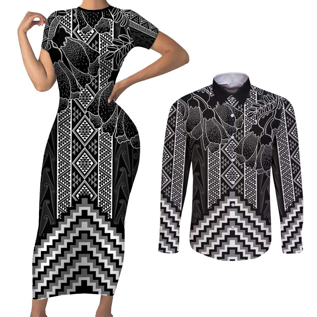 Aotearoa Taniko Pattern Couples Matching Short Sleeve Bodycon Dress and Long Sleeve Button Shirt Poutama Mix Kowhai Flowers LT7 Grey - Polynesian Pride